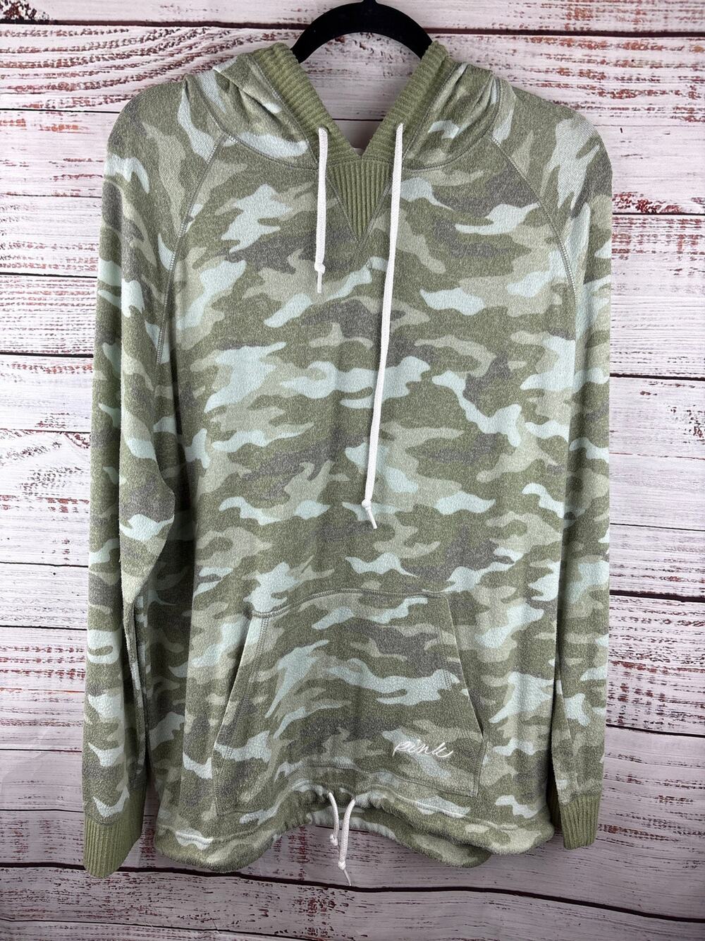 Victoria's Secret PINK Green Camo Knit Hooded Lounge Top Pocket Casual Womens L